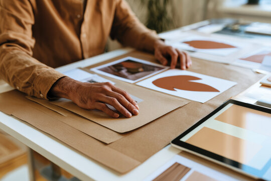 A person arranging printed images and design elements on a workspace, showcasing creativity and artistic expression through their organized layout and design process.