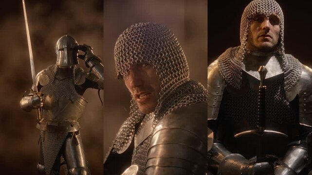 Caucasian young adult man dressed as knight screaming aggressively in steel armor holding sword shown in split screen. Ideal for historical films, fantasy gaming ads, trailers
