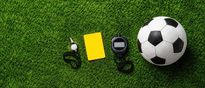 Soccer referee equipment with black whistle, yellow card, digital stopwatch and black and white football arranged on green artificial grass field with empty copy space on the left side