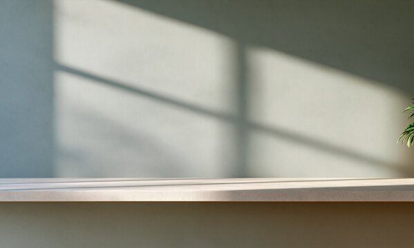 Minimalist wood shelf product display with sunlight and shadow on wall