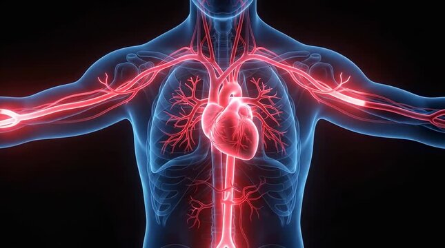 Blood flow through human circulatory system and arteries