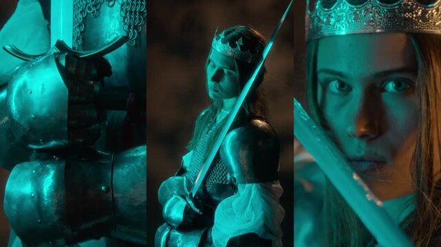Portrait of young adult Caucasian female warrior wearing crown and armor while holding sword in split screen layout. Visuals fit fantasy trailers, game promos, and medieval storytelling