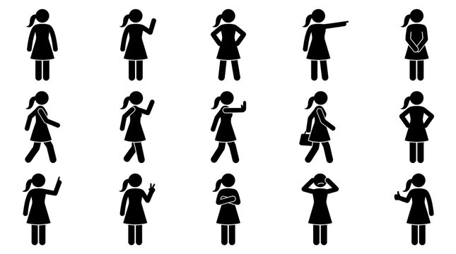 Diverse female stick figure icons showcasing various poses and gestures in minimalist black vector graphic style