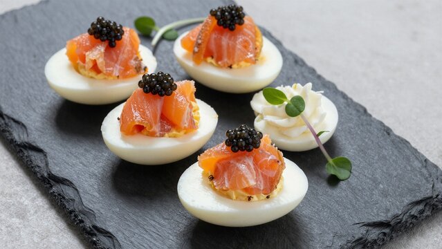 Elegant appetizer featuring deviled eggs topped with salmon, caviar, and microgreens on a slate plate.