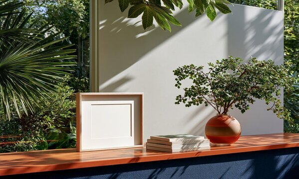 Minimalist interior mockup with empty photo frame and plant on shelf