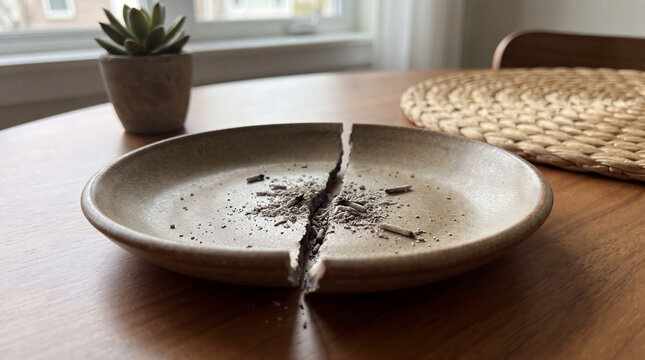 Shattered ceramic plate lying in two pieces among ash and tiny fragments on a rustic wooden table, symbolizing division and ruin