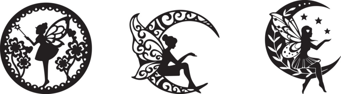 Mystical fairy silhouette vector set, magical moon and pixie garden illustrations, black laser cut wood carving designs for vinyl decals