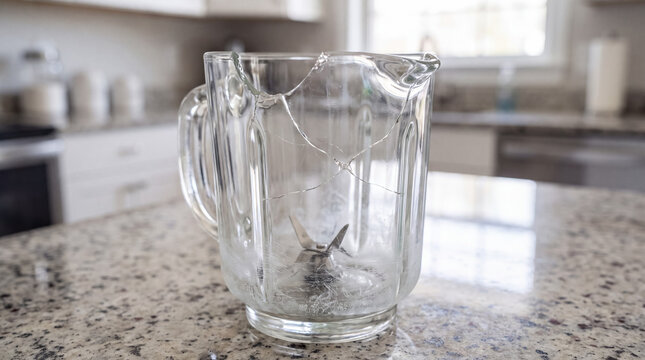 Broken glass pitcher from a food processor on a kitchen counter, showing damage and potential danger