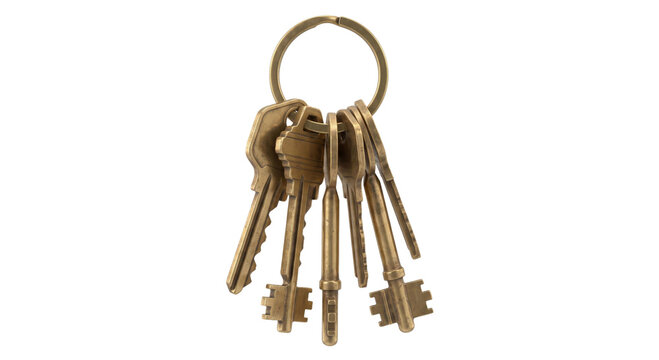 Collection of old brass keys on a metal ring, isolated on white background