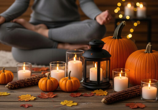 Autumnal still life with pumpkins candles and a woman meditating in the background