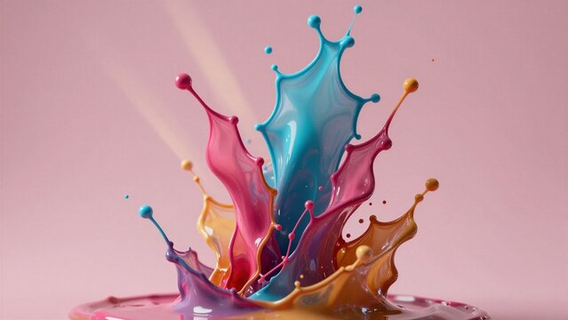 Vibrant paint droplets explode in mid-air against a pastel pink backdrop, capturing dynamic motion and vivid hues.