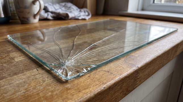 Broken glass plate displaying radial cracks on a home kitchen wooden surface, representing fragility, destruction, and damage