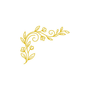 Minimalist gold floral corner vine doodle line art isolated on transparent background