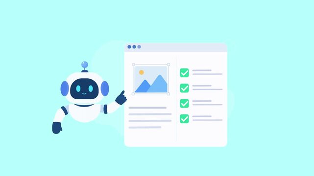 Animated video showing a friendly AI robot beside a digital image management interface with visual content and completed checklist items on a bright turquoise background.