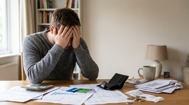Stressed young man holding his head at a desk covered with unpaid bills, credit cards, calculator and empty wallet, struggling with debt and financial pressur
