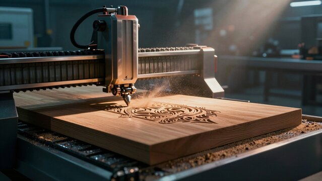 A CNC milling machine precisely carves an ornate pattern into a wooden plank, with sawdust flying in warm industrial lighting.