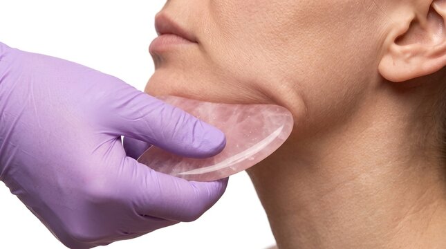 Beautician using rose quartz gua sha tool for facial massage on female jawline