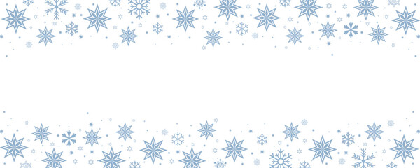 Obraz premium Light blue geometric winter snowflake horizontal top and bottom border frame on clean white background with central copy space for holiday card designs and banners.