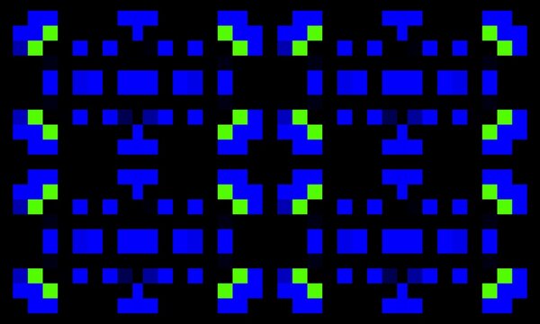 A retro seamless 8-bit grid pattern featuring four blue pixel clusters with vibrant neon green accents on a black background, perfect for gaming decor and fabric.
