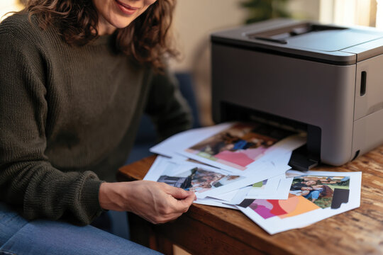 A woman engages in the creative act of printing images, displaying concentration and artistry in a cozy workspace filled with printed materials and warmth.