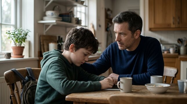 Father Comforting Sad Teenage Son During Heartfelt Conversation at Kitchen Table in Cozy Family Home.
