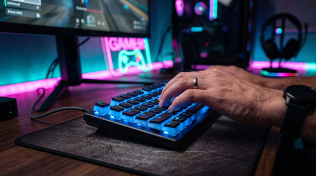 Close-up side view of person's hands typing on black mechanical gaming keyboard with vibrant cyan and magenta RGB backlight illuminating keys - Ctrl, Tab, Caps, Shift visible
