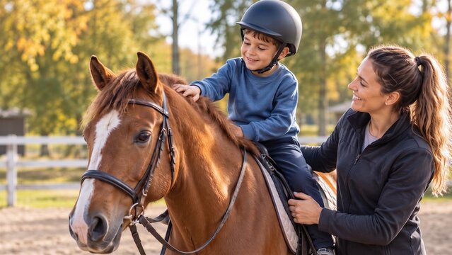 Smiling little boy in safety helmet learning to ride a chestnut horse with the gentle support of his mother or female instructor at an equestrian therapy ranch on a warm autumn day