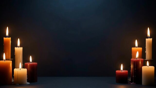 group of various lit candles creating a warm halloween atmosphere with soft glowing flames on dark background
