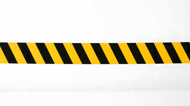 Yellow and black striped caution tape banner isolated on white background, safety barrier warning strip for construction, hazard restriction symbol for security alert, danger boundary indicator banner