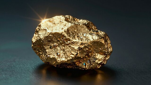 A large, textured gold ore rock gleams with bright highlights against a dark teal surface under dramatic lighting.