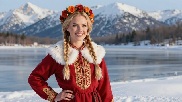 A smiling woman wearing a vibrant red Norwegian bunad dress with gold embroidery, standing before snow-covered mountains and frozen lake.
