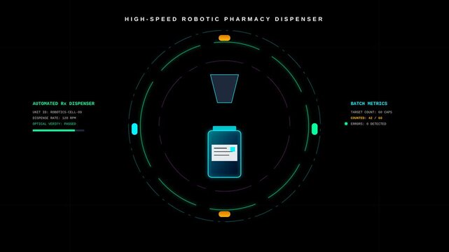 High Speed Robotic Pharmacy Dispenser Interface Animation for Automated Medication Pill Counting