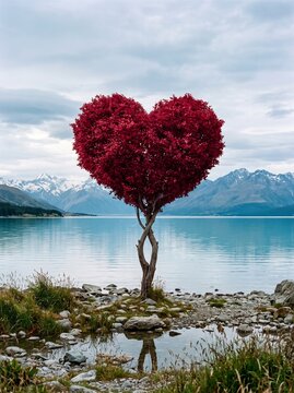 A vibrant red heartshaped tree with intertwined trunks standing on a rocky shore by a serene blue lake and mountains