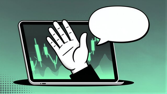 Hand waves from tablet displaying stock charts, symbolizing digital trading or financial markets.