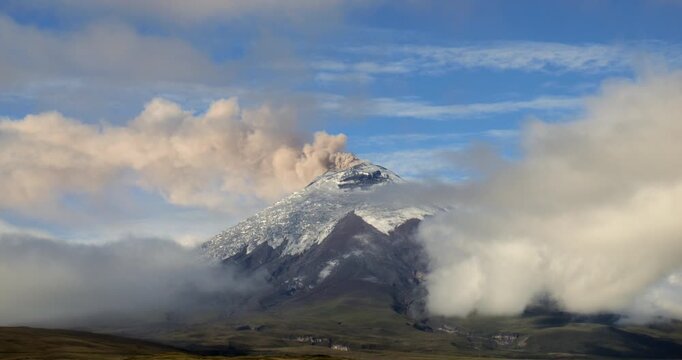Cotopaxi Volcano, Ecuador, erupting, 12th of May 2023,. Volcanic ash is erupting from the crater. At 5897m altitude one of the world's highest active volcanoes.