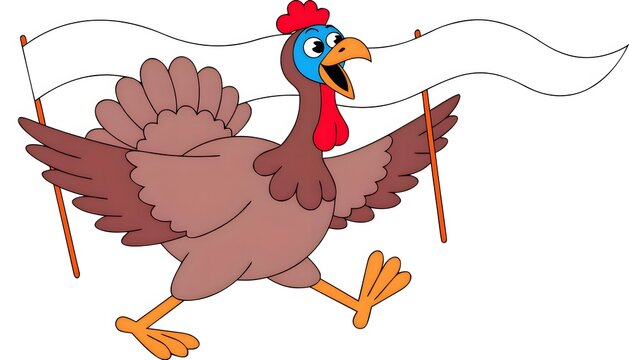 Cartoon turkey runs across a finish line vector illustration