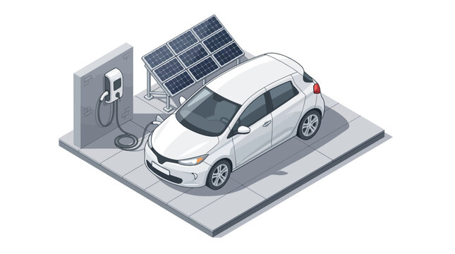 Isometric view of a white electric car parked at a modern charging station powered by solar panels. Clean vector illustration representing sustainable energy and EV technology.