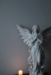 Fototapeta premium Spirituality and prayer angel statue with wings and glowing candle for peace meditation hope religion mourning and funeral memorial service