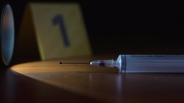 Blue gloved hand placing evidence marker near bloody syringe, showing escalating intensity under flashing police lights, rack focus zoom in extreme close up