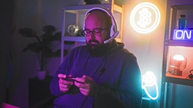 Man bald bearded wearing headset holds game controller with thumbs on buttons next to neon bitcoin sign in a streaming studio; focused leisure.