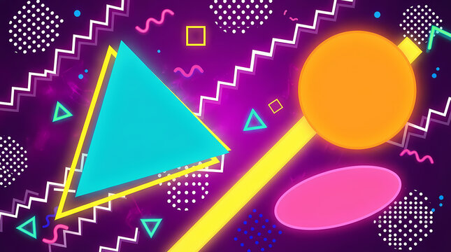 Abstract 90s retro memphis style background with geometric shapes and vibrant neon patterns