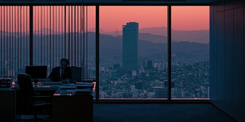 Naklejka na ściany i meble Businessman Working Late in Office Overlooking City Skyline at Sunset