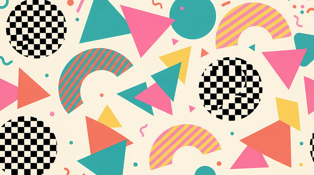 Abstract seamless pattern with colorful geometric shapes and checkered circles on a cream background