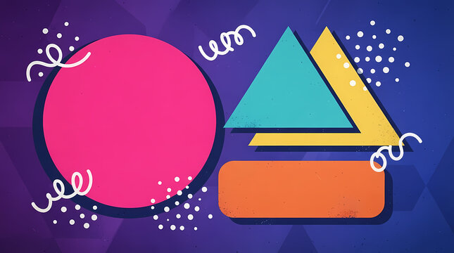 Abstract geometric shapes with colorful circles triangles and rectangles on a dark blue background
