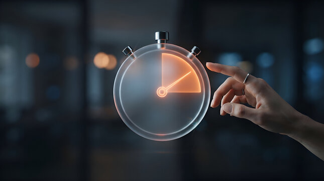 Businessperson holding glowing digital clock interface showing time management and productivity