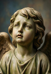 Fototapeta premium Grief and mourning concept, weathered stone angel statue with sad expression looking upward, religious art and spiritual solace in a cemetery setting