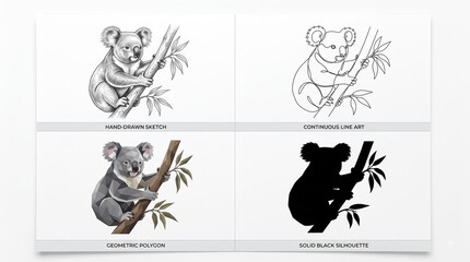 Single subject multi-style vector sheet featuring a Koala in four distinct artistic designs © Vault