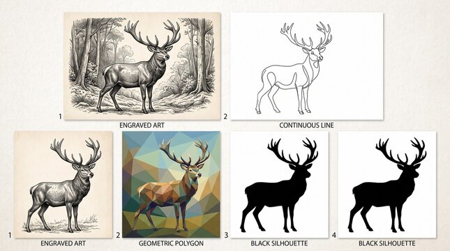 Single subject multi-style vector sheet featuring a Stag in four distinct artistic designs