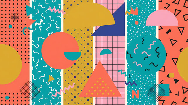 Colorful Memphis style geometric pattern background with abstract shapes and vertical stripes