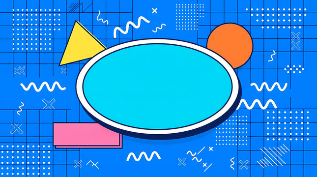 Abstract memphis style background with a central oval frame for text on a blue grid pattern